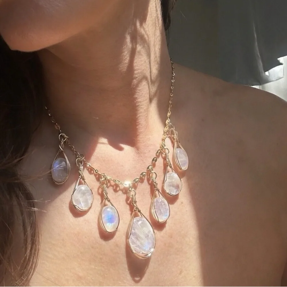 14k Gold Filled Rainbow Moonstone Gypsy Boho Necklace